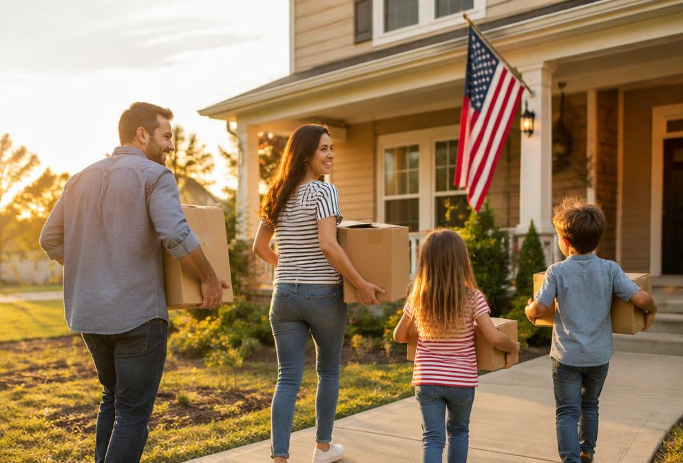 Família chegando à nova casa nos EUA